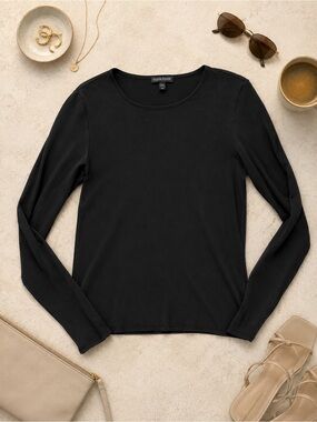 Eileen Fisher Black Peau de Soie 100% Silk Long Sleeve Scoop Neck Top S/P